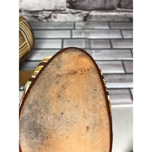 Marcello Toshi Gold Brown Stripe Fabric Peep Toe 5” High Heels Women Sz 6M US/37 - Picture 4 of 16